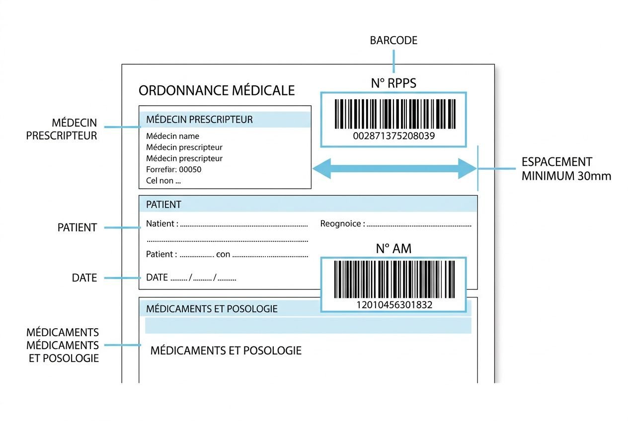 Plan visual d’ordonnance médicale illustrant l’obligation des codes barres sur les ordonnances médicales avec codes-barres et intitulé « BarCode ».