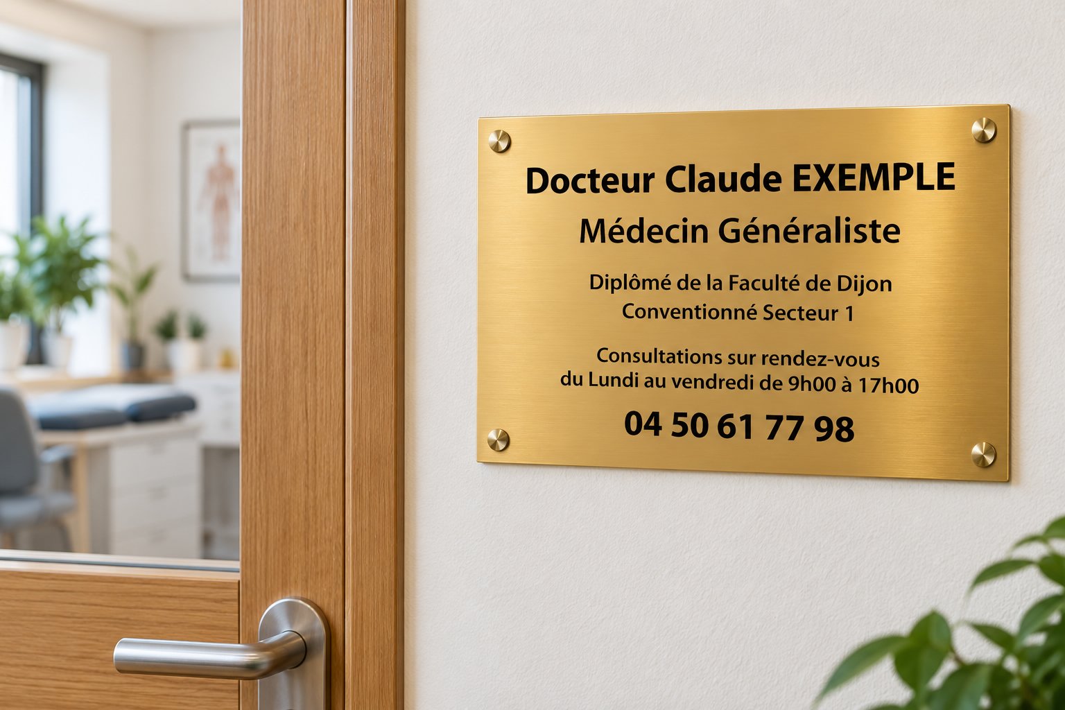 Plaque dorée adhésive sur le mur affichant le nom et les titres d’un médecin généraliste.