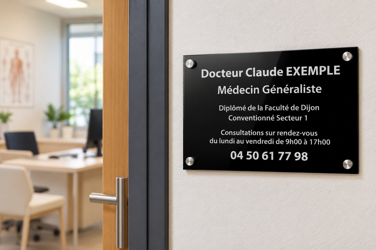 Plaque noire fixée sur le mur à l’extérieur d’un cabinet médical affichant le nom et les informations d’un médecin.