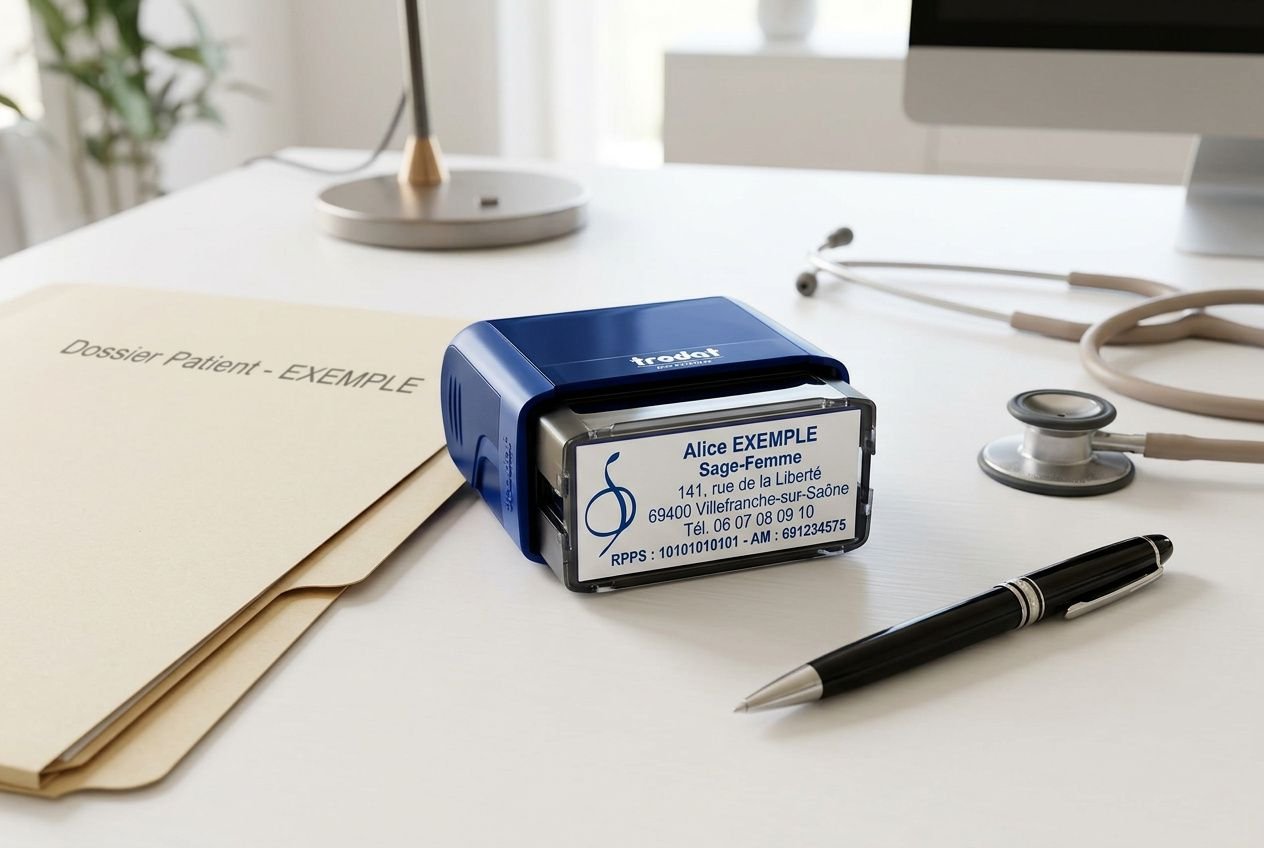 Plaque nom médicale prête à être personnalisée avec tampons et attaches, entourée de documents, stylo et stéthoscope sur bureau. Conception personnalisation plaques professionnelles médicales.