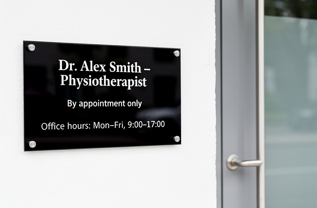 Plaque professionnelle kinésithérapeute noire avec texte blanc affichant le nom « Dr. Alex Smith : Physiotherapist » et horaires, fixée sur mur blanc près d’une porte.
