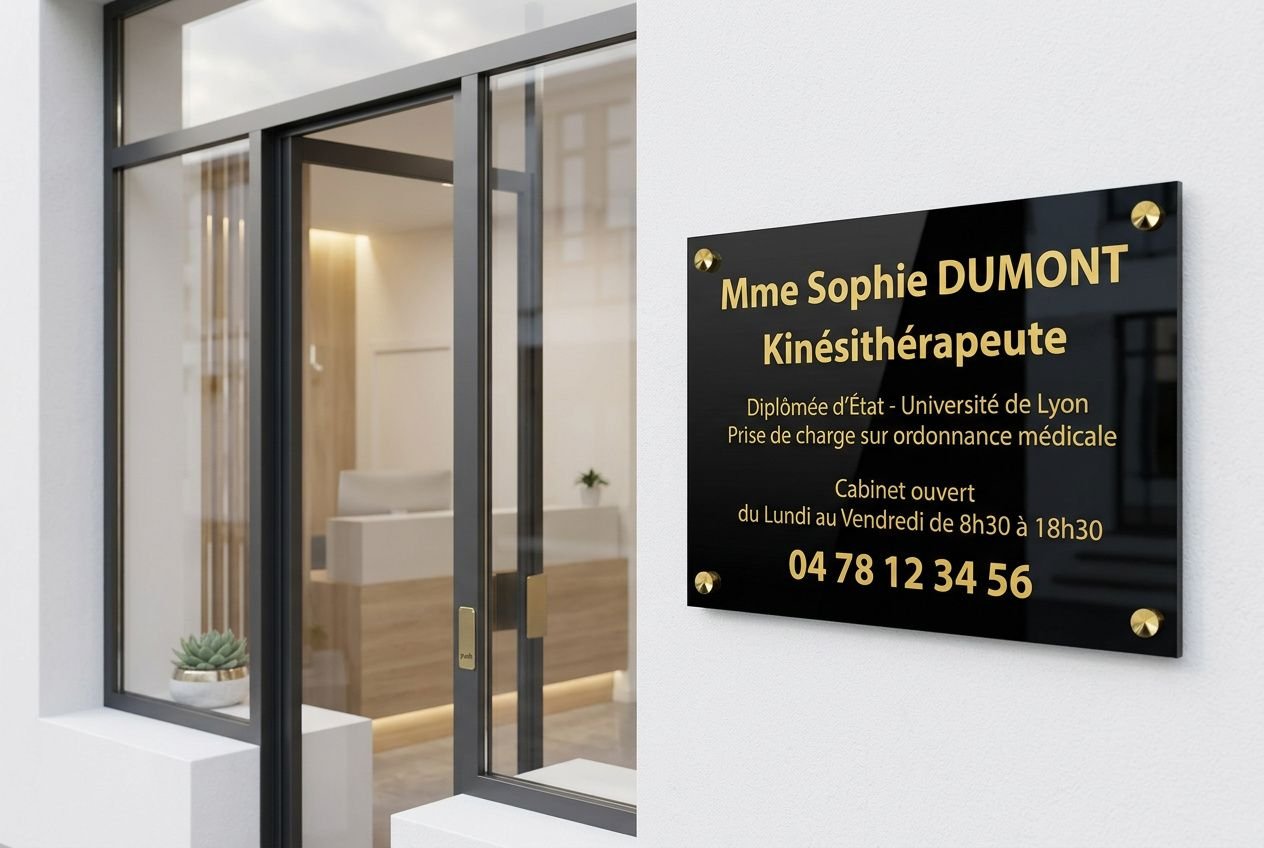 Plaque professionnelle kinésithérapeute noire avec texte doré sur murs extérieurs, affichée près d’une porte vitrée.