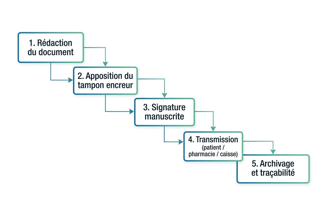 Processus d’utilisation d’un tampon encreur professionnel de santé: rédaction du document → apposition du tampon encreur → signature manuscrite → transmission (patient, pharmacie, caisse) → archivage et traçabilité.
