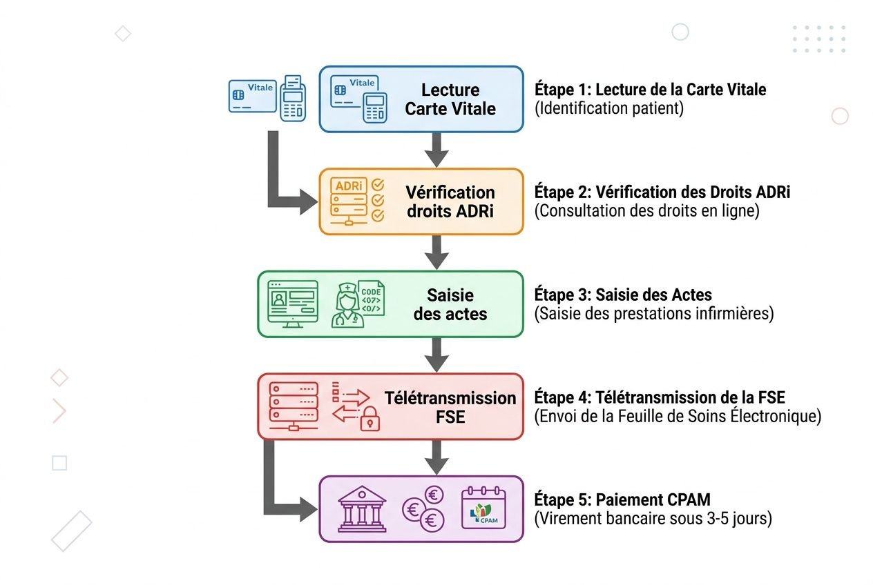 Processus de facturation infirmière libérale à domicile: de la lecture de la Carte Vitale à la télétransmission FSE puis au paiement CPAM.