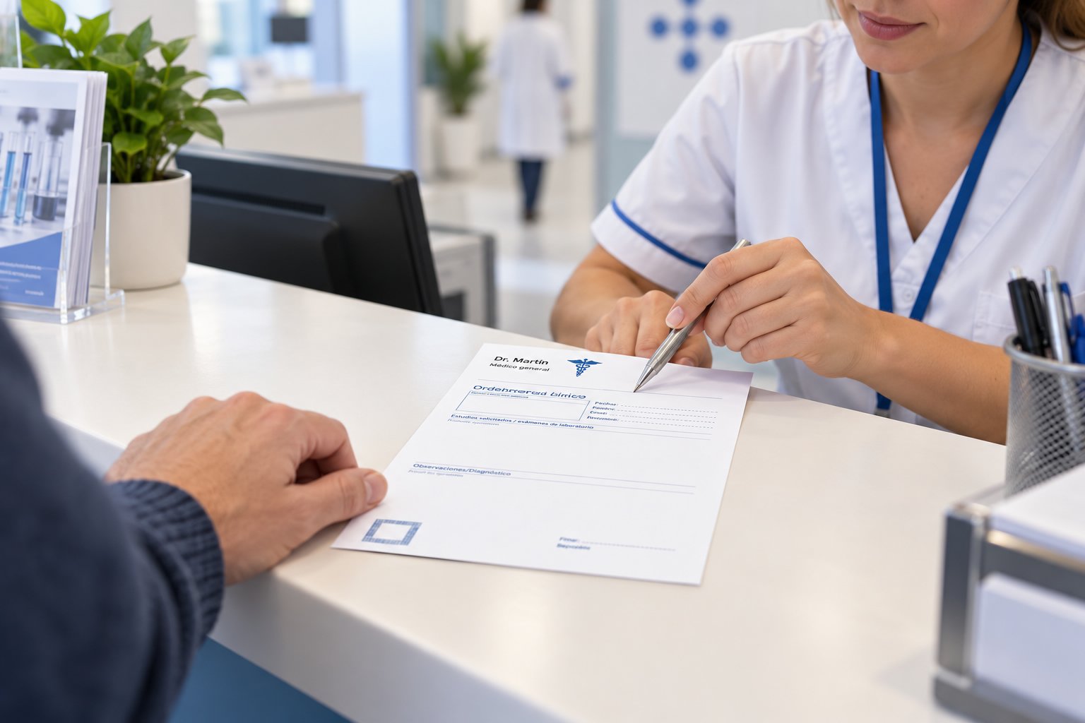 Une professionnelle de santé signe un document sur le comptoir auprès d’un patient lors d’une consultation en laboratoire.