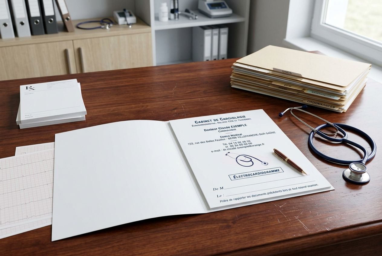 Rapport photo d’un cabinet médical: documents d’archivage et carnet, coupe-papier, stéthoscope posé sur bois; pile de dossiers et brochures archivage ordonnances patient cabinet.
