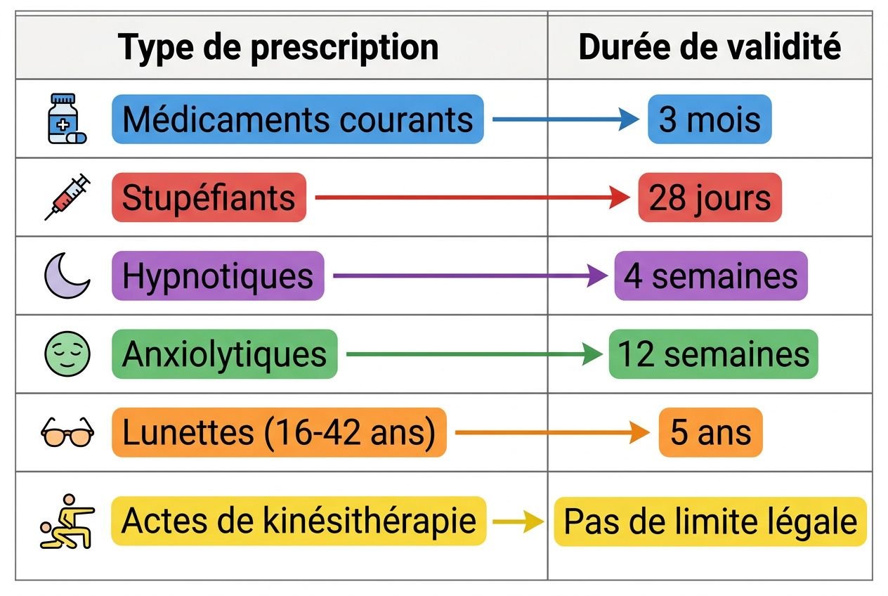Règlementation des mentions sur les ordonnances: tableau sur la durée de validité des prescriptions médicales par type (médicaments, stupéfiants, hypnotiques, anxiolitiques, lunettes, kinésithérapie).