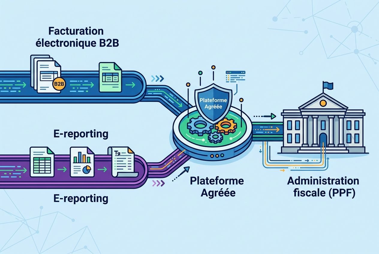 Schéma illustrant la facturation électronique B2B et l’e‑reporting menant à une plateforme agréée puis à l’administration fiscale (PPF).