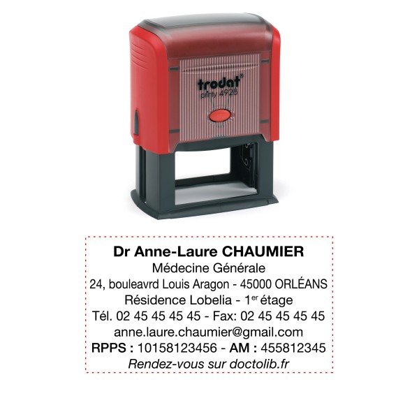 Tampon affichant les informations d’un médecin (Dr Anne-Laure CHAUMIER) avec nom, spécialité et coordonnées, prêt à être utilisé pour des ordonnances. mentions obligatoires tampon ordonnance intégrées.