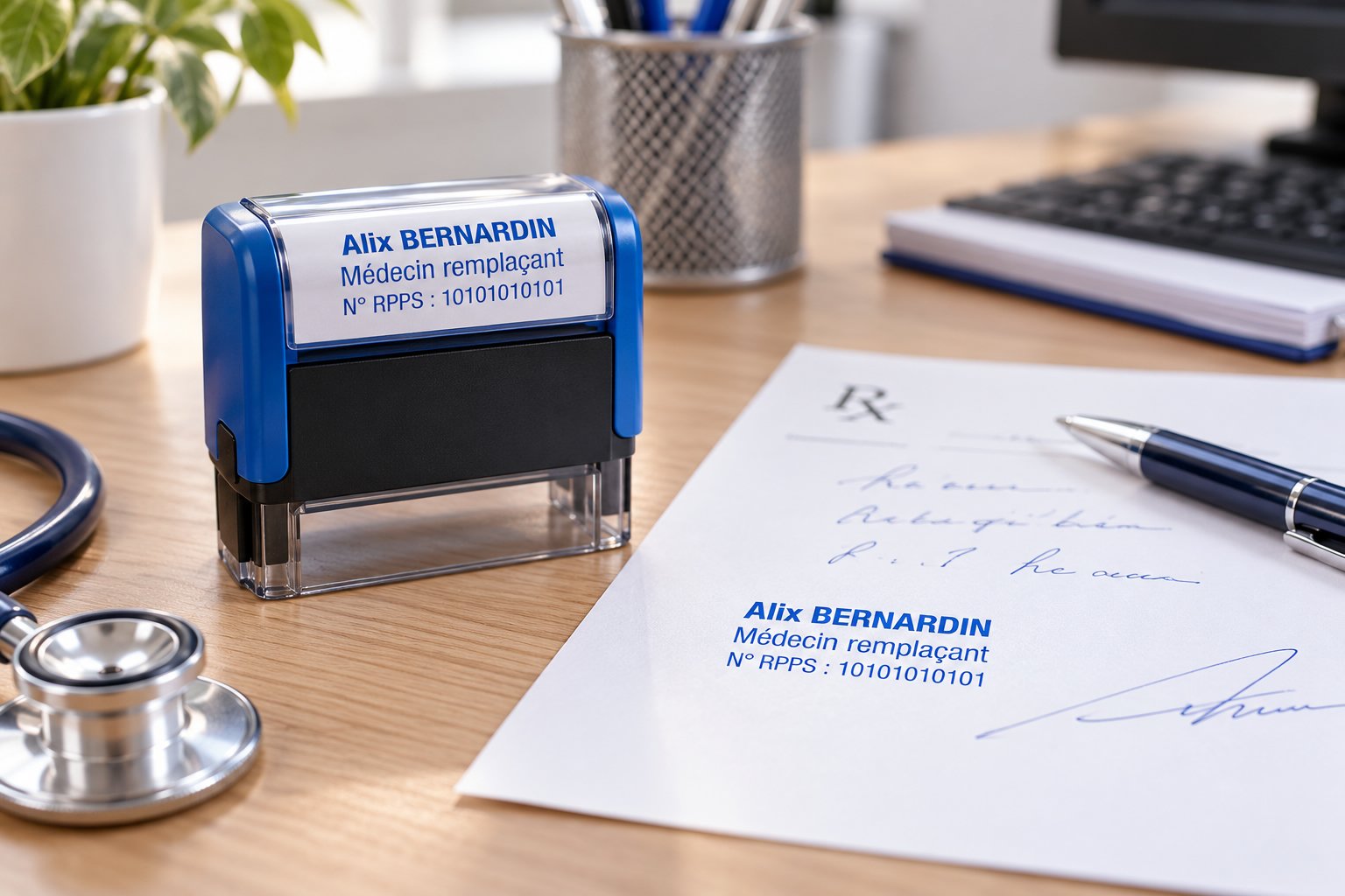 Tampon bleu posé sur un bureau à côté d’une feuille de papier et d’un stylo.