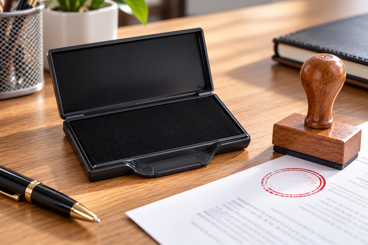 Un tampon en bois est posé à côté d’un coussin encreur ouvert et d’un document marqué d’une empreinte rouge.
