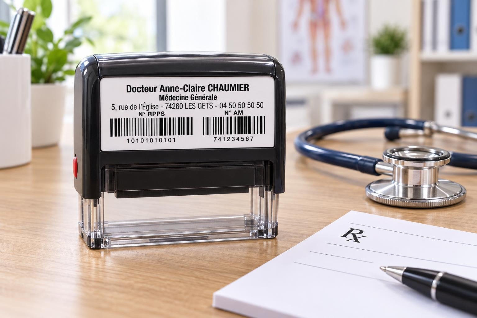 Tampon d’identification médicale avec nom et adresse sur le devant, posé sur un bureau près d’un stéthoscope et d’un formulaire
