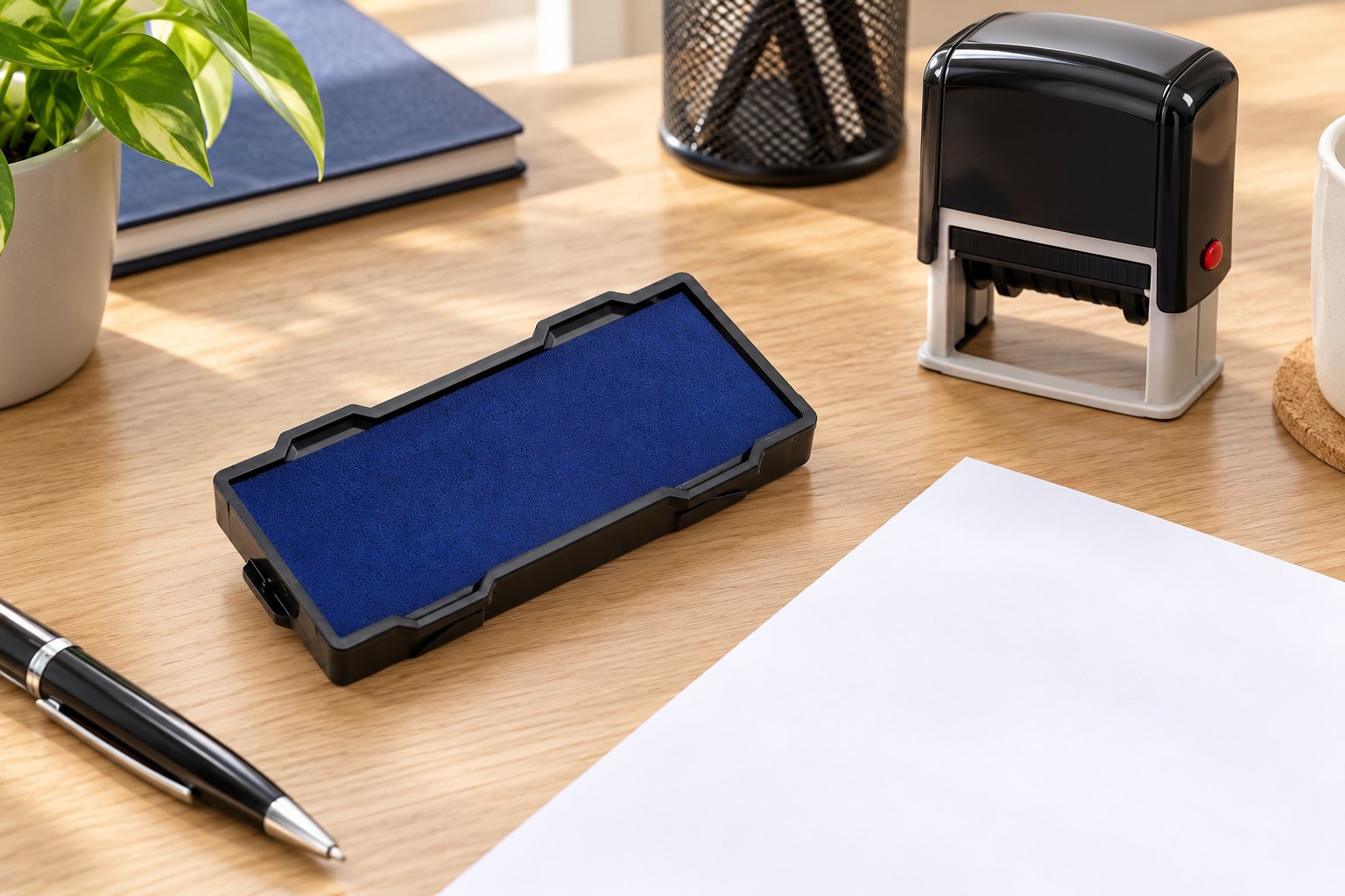 Tampon encreur bleu ouvert sur un bureau à côté d’un massicot et d’un carnet.