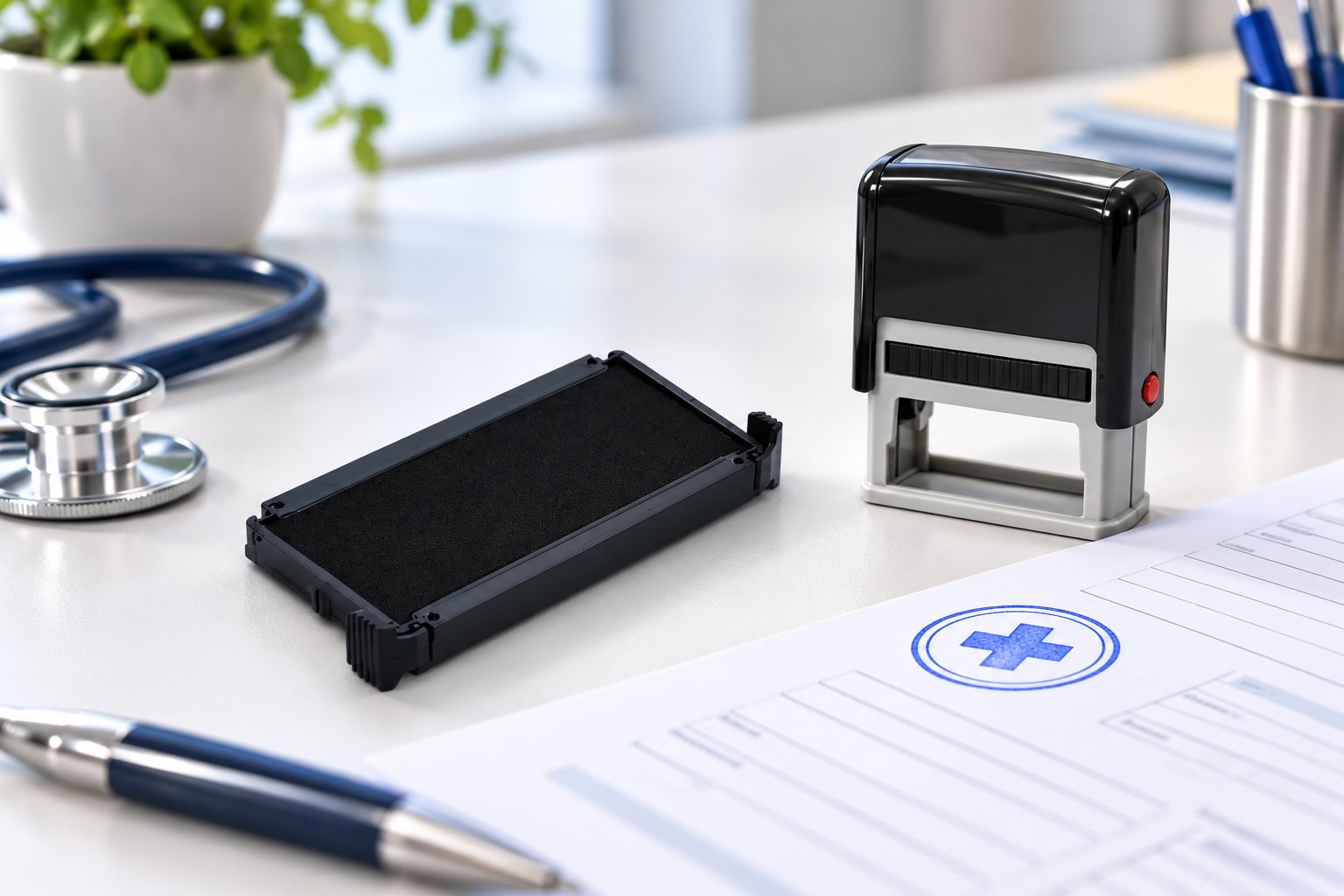 Un tampon encreur et sa cassette d’encre sont posés sur un bureau à côté d’un document médical.