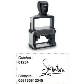 Tampon encreur avec guichetage et empreinte écrite “Signature” sur le tampon.