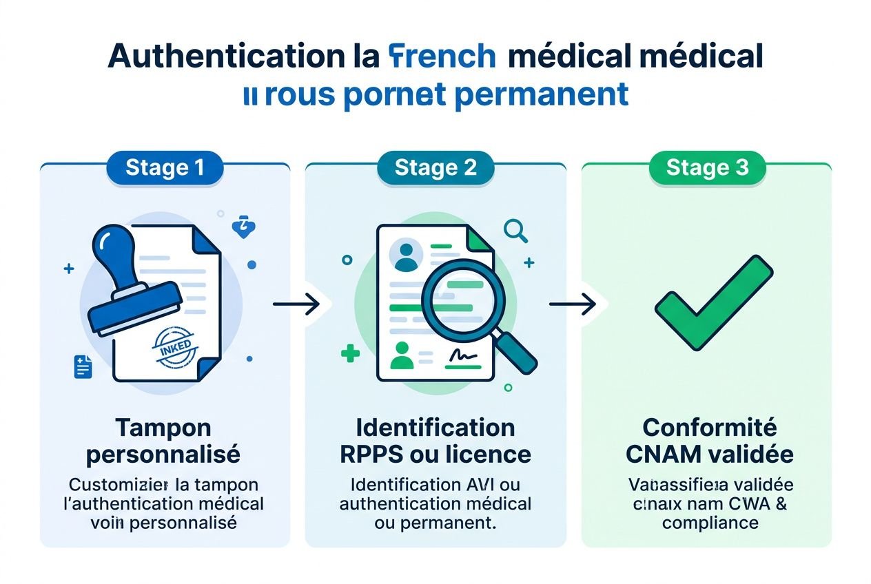 Tampon encreur du médecin remplaçant comment être en conformité sans numéro permanent: illustration d’un tampon personnalisé, étape d’identification RPPS ou licence et conformité CNAM validée avec coche.