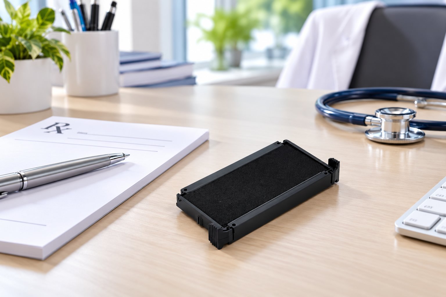 Tampon encreur noir posé sur un bureau avec un carnet et un stéthoscope en arrière-plan.