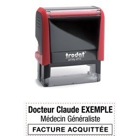 Tampon encreur personnalisé avec texte médical affiché: "Docteur Claude EXEMPLE Médecin Généraliste" et "FACTURE ACQUITTÉE" sous la base du tampon. Incorporer le style médical.