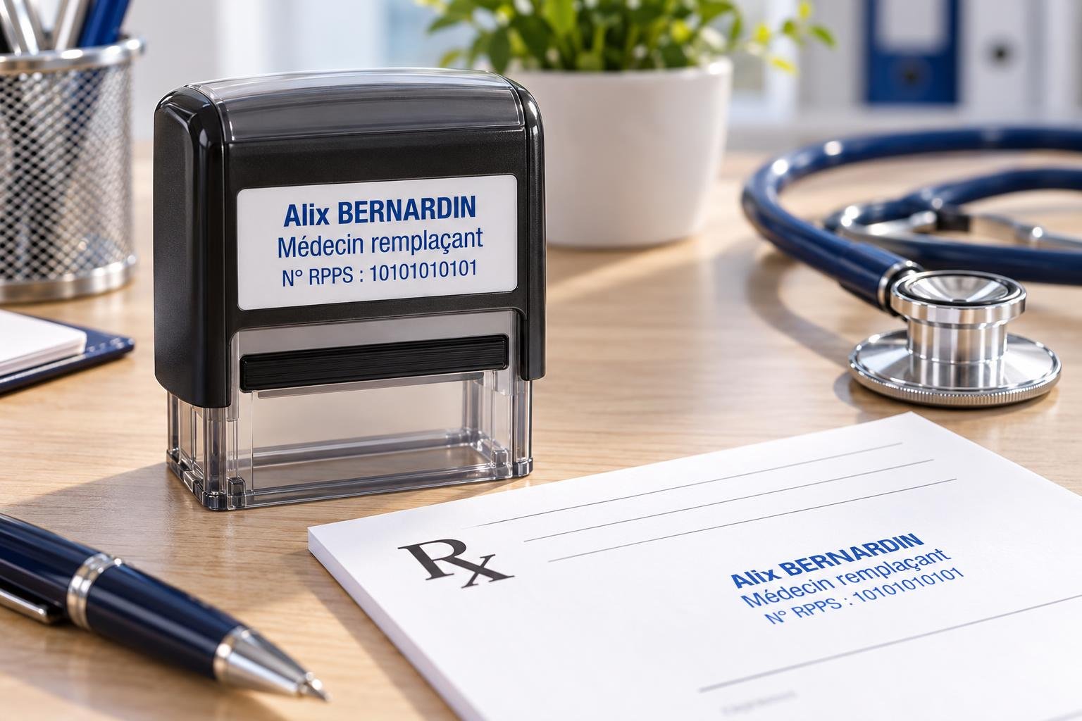 Tampon encreur portant le nom Alix BERNARDIN et le titre Médecin remplaçant posé sur un bureau, avec une fiche de prescription