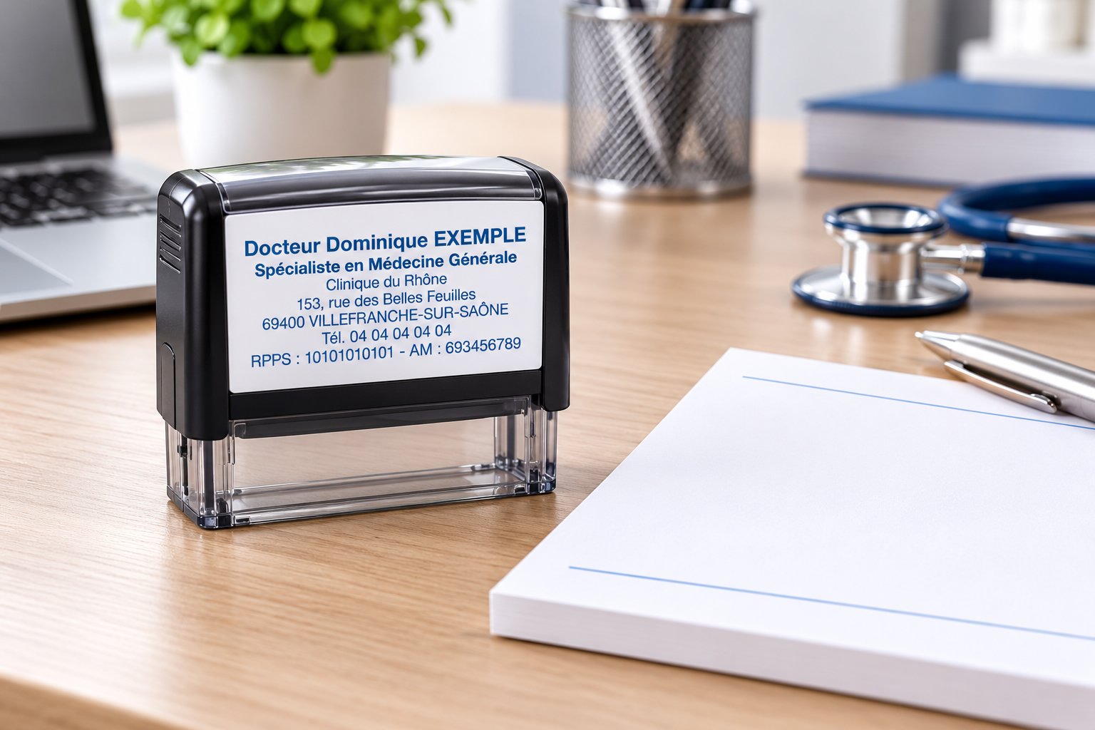 Tampon encreur posé sur un bureau à côté d’un carnet blanc et d’un stéthoscope, prêt à apposer l’identification d’un médecin.