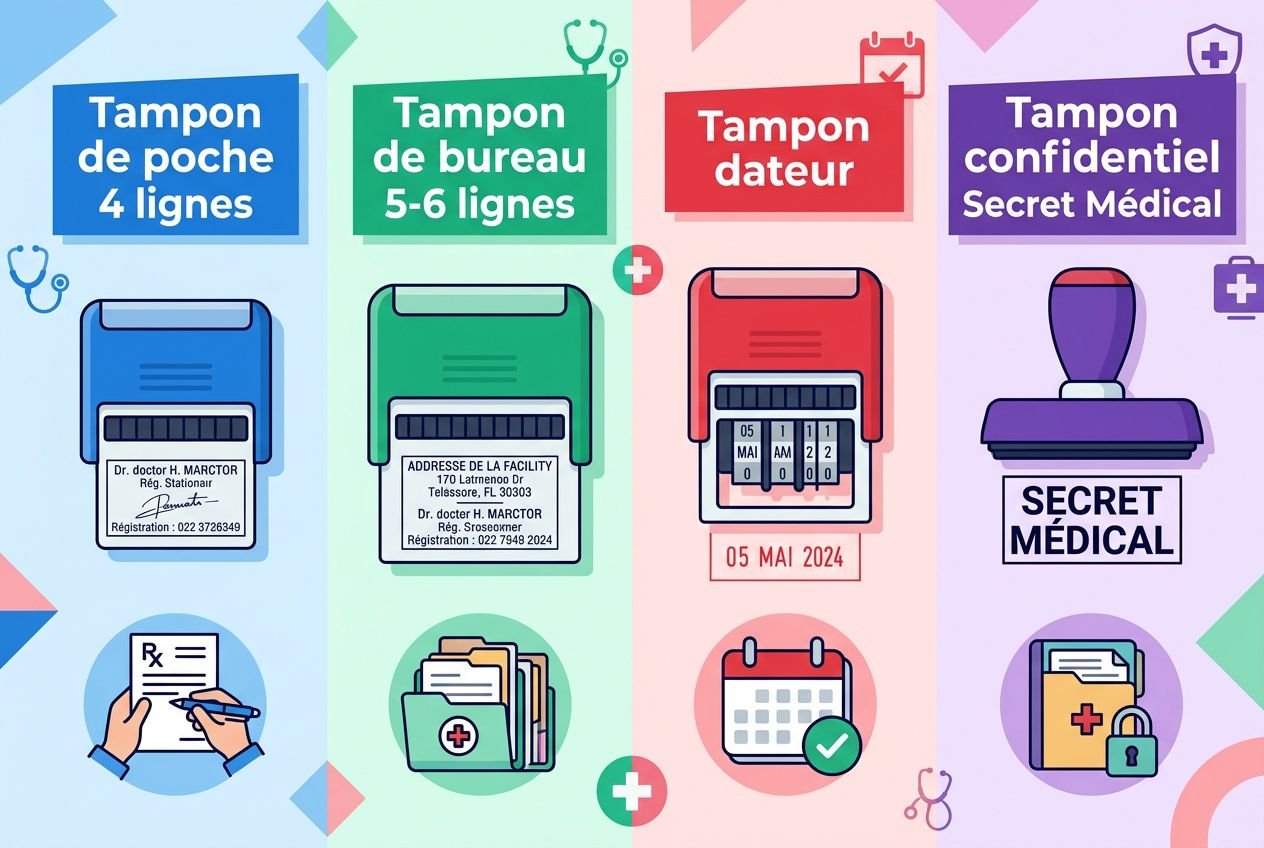 Tampon encreur professionnel de santé: illustration montrant divers timbres et tampons médicaux pour usage professionnel et secret médical.