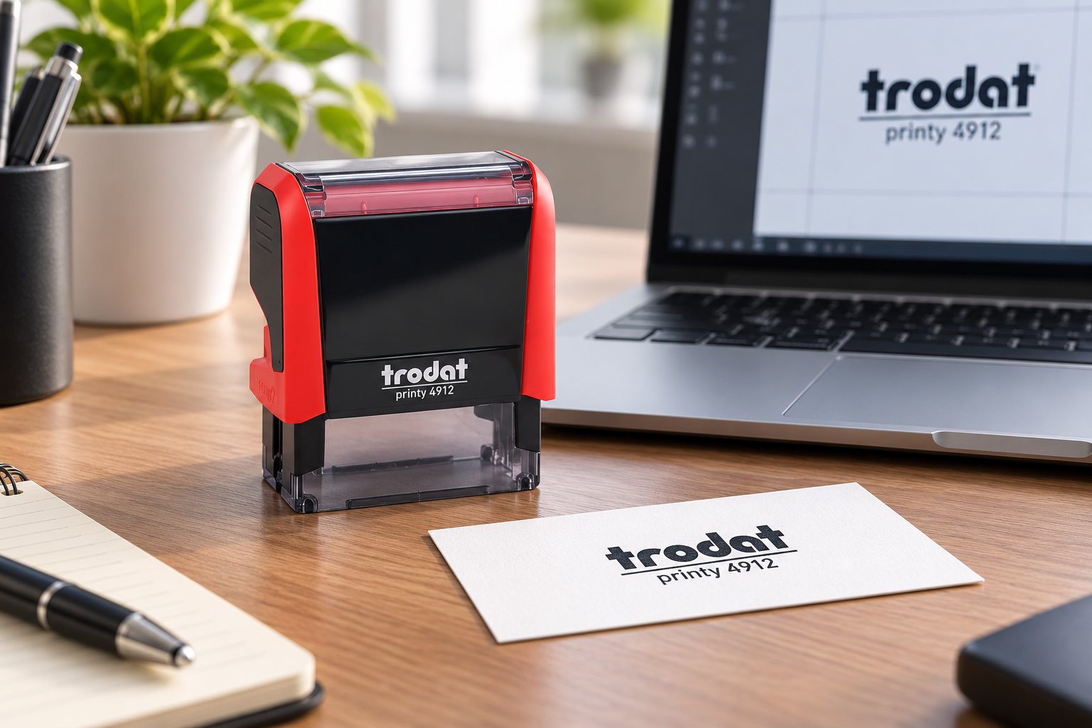 Tampon encreur rouge et noir posé sur un bureau près d’un ordinateur portátil, avec une carte imprimée affichant le logo trodat.
