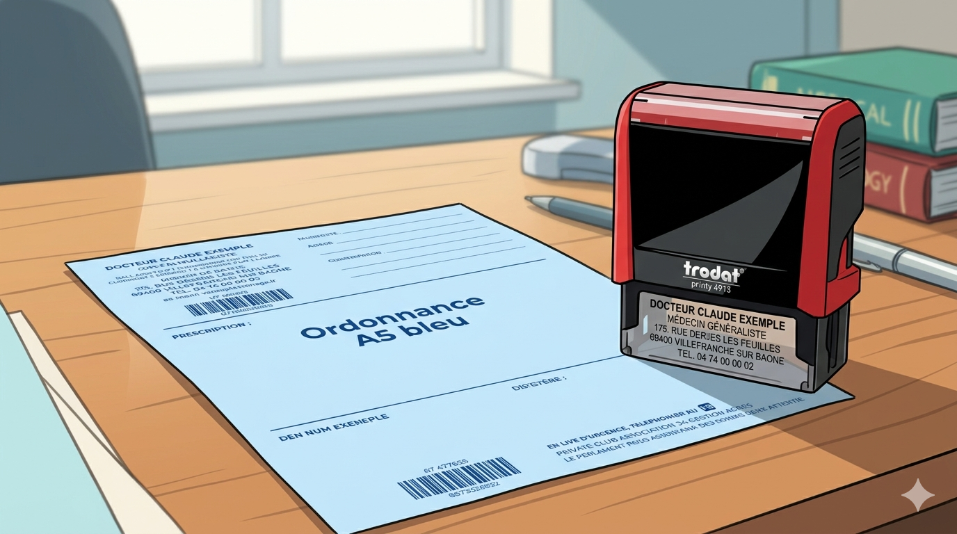 Tampon encreur rouge posé à côté d’un document médical "Ordonnance A5 bleu" sur un bureau, avec un tampon Papeterie Médicale Tampon encreur rouge posé à côté d’un document médical "Ordonnance A5 bleu" sur un bureau, avec un tampon Papeterie Médicale