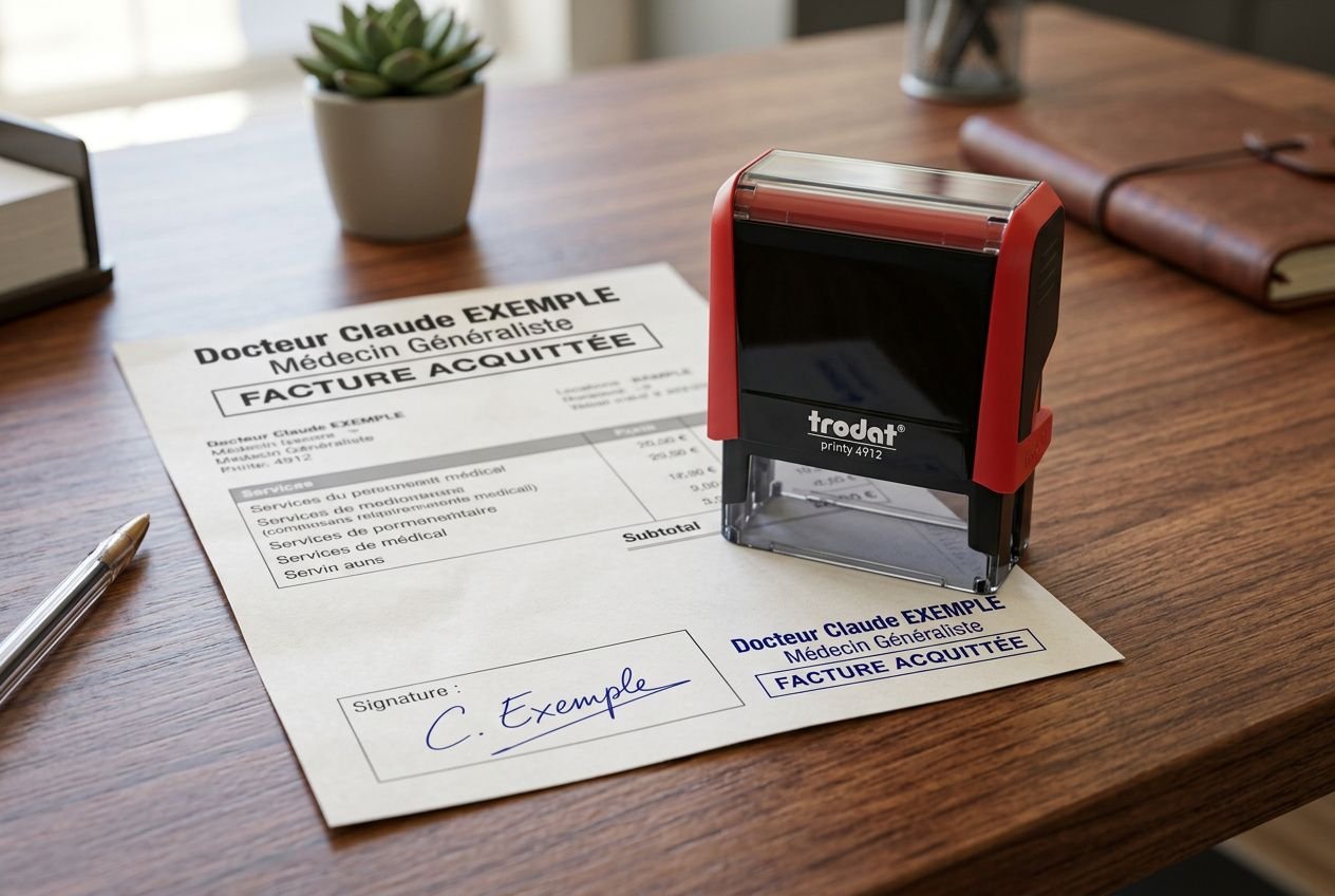 Tampon encreur rouge posé sur un document médical imprimé avec nom et signature, prêt à être affranchi.