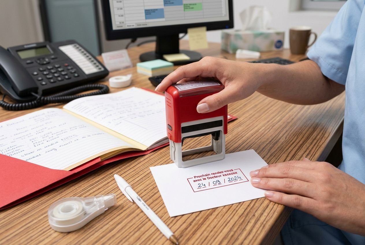 Tampon médecin apposé sur une feuille imprimée lors d’un rendez-vous, avec bureau, ordinateur et outils d’archivage visibles. qr code prise rendez-vous tampon médecin intégré au texte imprimé.