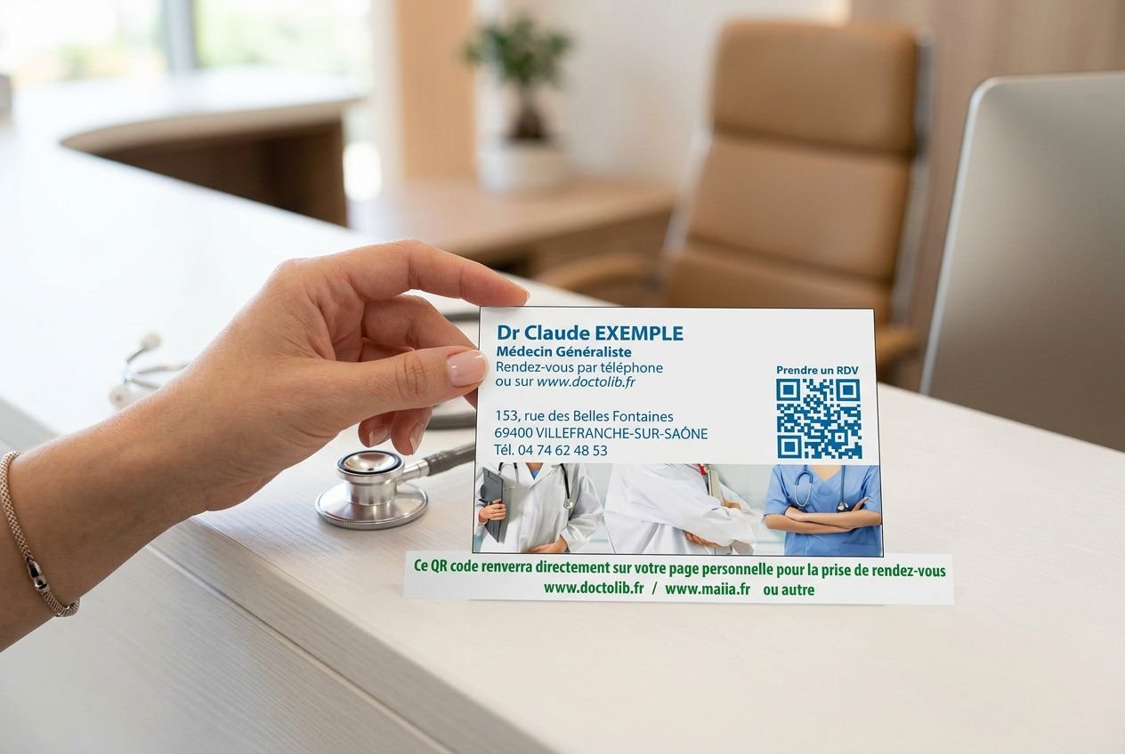 Tampon médecin avec QR code prise rendez-vous tampon médecin, montrant une carte de visite médicale avec un QR code imprimé.