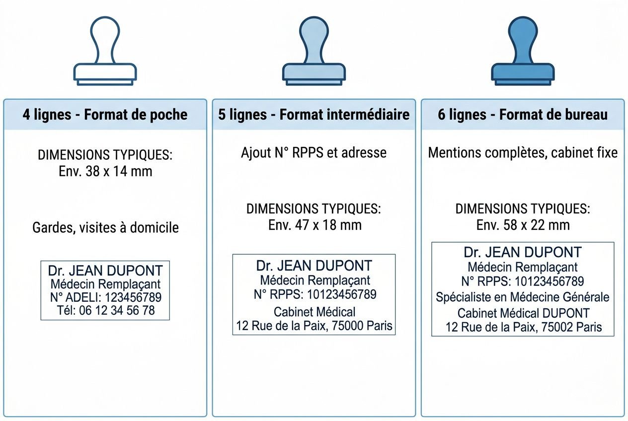 Tampon médecin remplaçant : format médian avec mentions RPPS et adresse sous forme intermédiaire, conformité sans numéroPermanent.