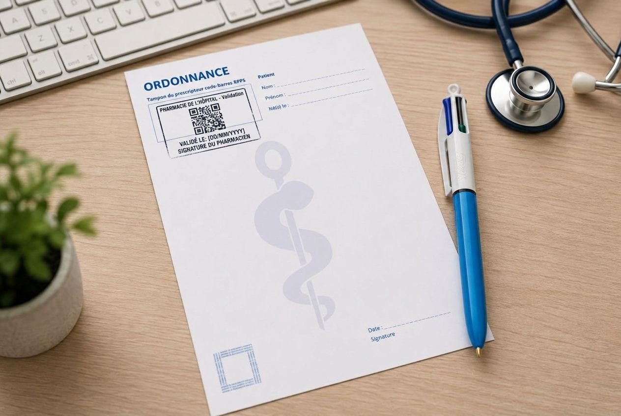 Tampon et ordonnance médicales sur bureau, mentions obligatoires pour la conformité tampon pharmacie cnan et stylo bleu.