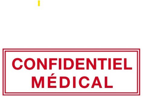 Tampon ou pictogramme avec inscription « CONFIDENTIEL MÉDICAL » en rouge sur fond blanc, cadre rouge.