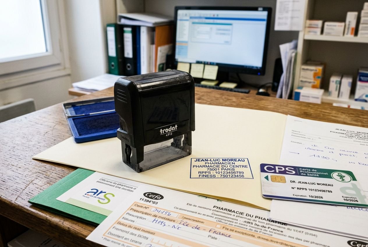 Tampon professionnel posé sur le bureau entouré de documents médicaux affichant des infos RPPS et FINESS, illustrant le numéro rpps sur tampon pharmacie.