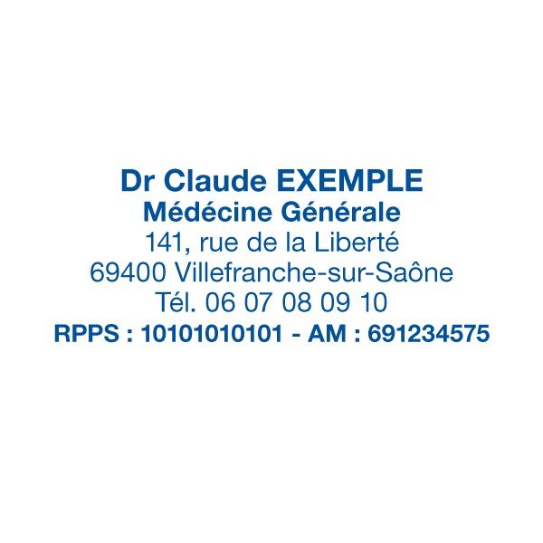 Tampon réutilisable affichant les informations d’un médecin généraliste avec nom, adresse et contacts en bleu sur fond blanc.