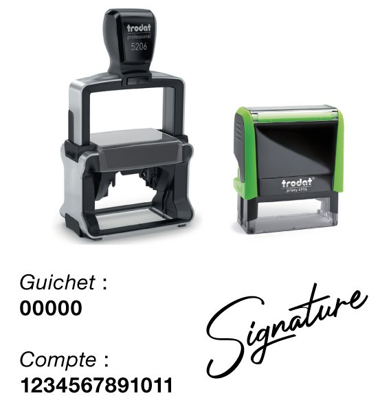 Tamponnage professionnel avec deux timbres Trodat, guichet 0000 et compte 1234567891011, signature stylisée.