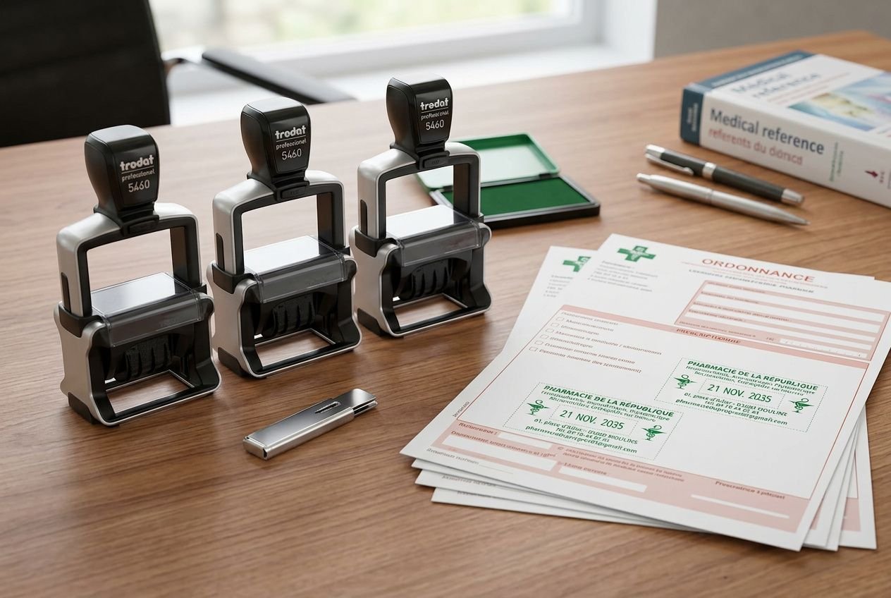 Trois tampons encreurs ergonomiques alignés sur un bureau, prêts à tamponner des formulaires médicaux et des documents administratifs. Différents types de tampons encreurs.